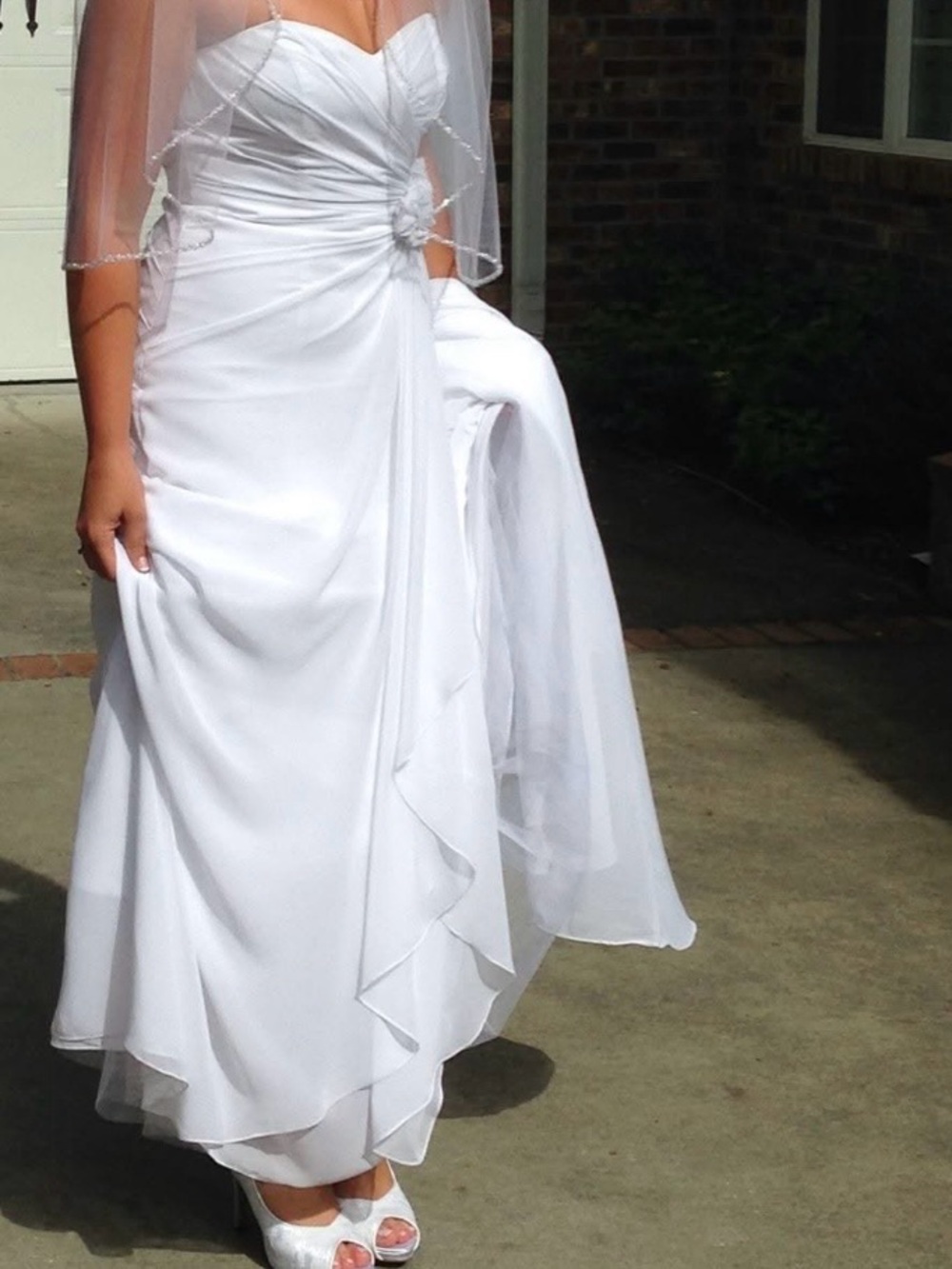 White Strapless Ruched Wedding Dress with Side Rosette